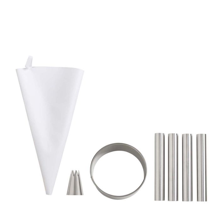 Set of metal baking tools including a white piping bag, tips, rings, and tubes on a white background.