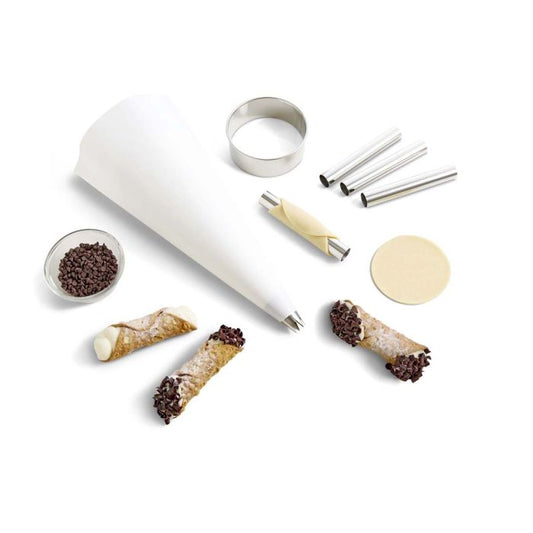Pastry-making tools and ingredients on a white background