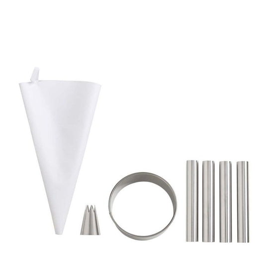 Set of metal baking tools including a white piping bag, tips, rings, and tubes on a white background.