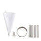 Set of metal baking tools including a white piping bag, tips, rings, and tubes on a white background.
