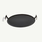 Black round tray with handles on a white background