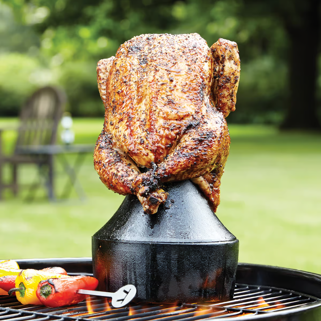  Pour a can of your favorite brew into our Cast Iron Chicken Roaster and Flavor Infuser, top with your choice of herbs and add a whole chicken. Voila! Dripping fat, moist meat and a gustatory difference you won't wanna' miss! 