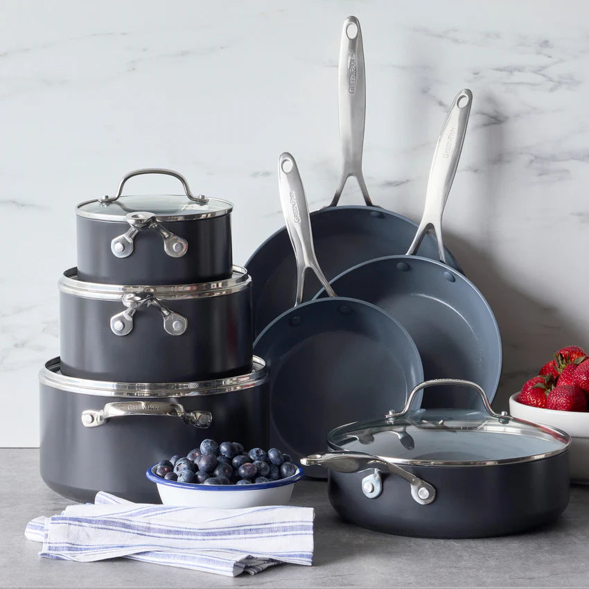 Upgrade your kitchen with the Valencia Pro 11-Piece Cookware Set, the ultimate fusion of performance, durability, and healthy cooking. Crafted from ultra-tough hard anodized aluminum with diamond-infused ceramic nonstick coating, this bestselling set delivers effortless release and incredible scratch resistance—metal utensils welcome!