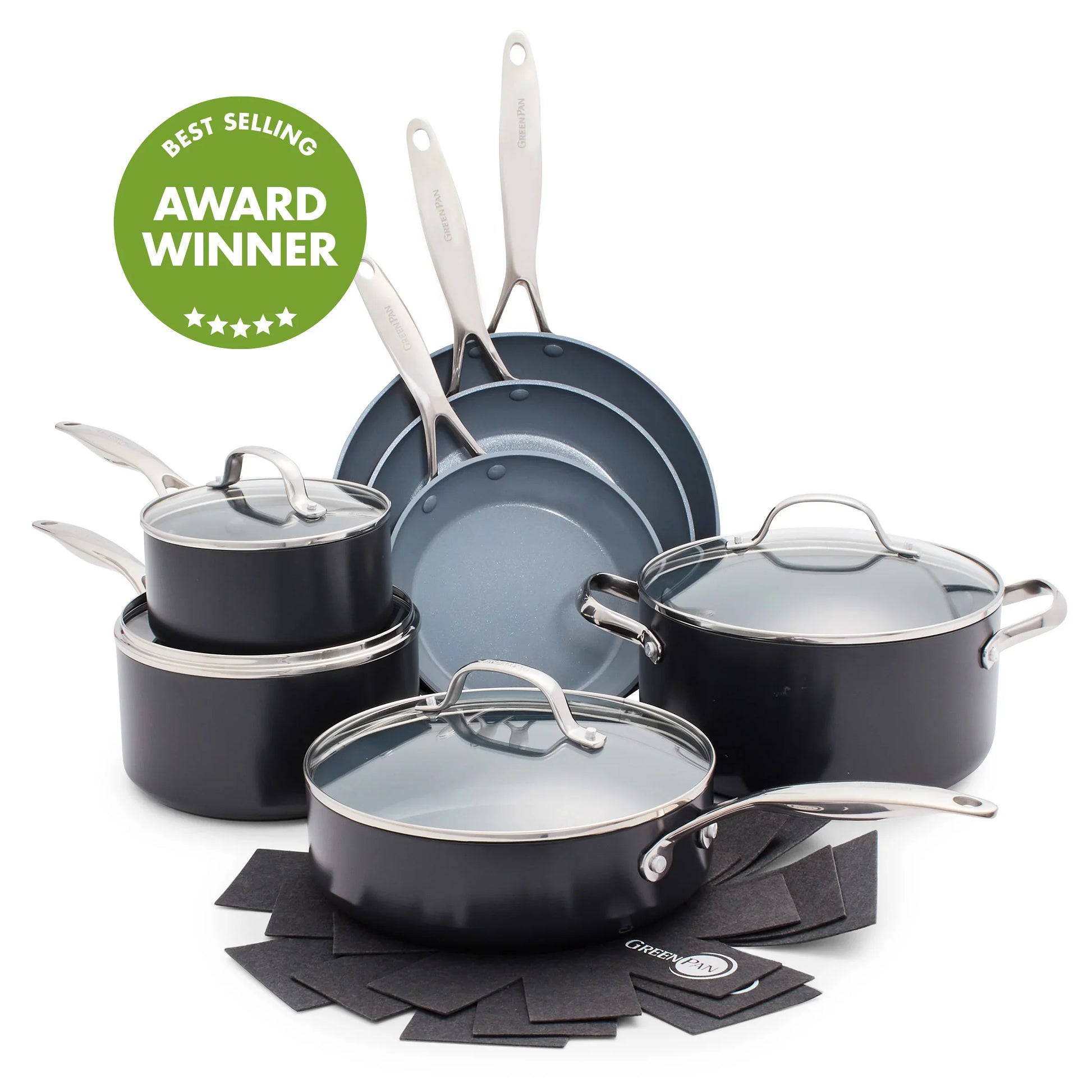 Upgrade your kitchen with the Valencia Pro 11-Piece Cookware Set, the ultimate fusion of performance, durability, and healthy cooking. Crafted from ultra-tough hard anodized aluminum with diamond-infused ceramic nonstick coating, this bestselling set delivers effortless release and incredible scratch resistance—metal utensils welcome!
