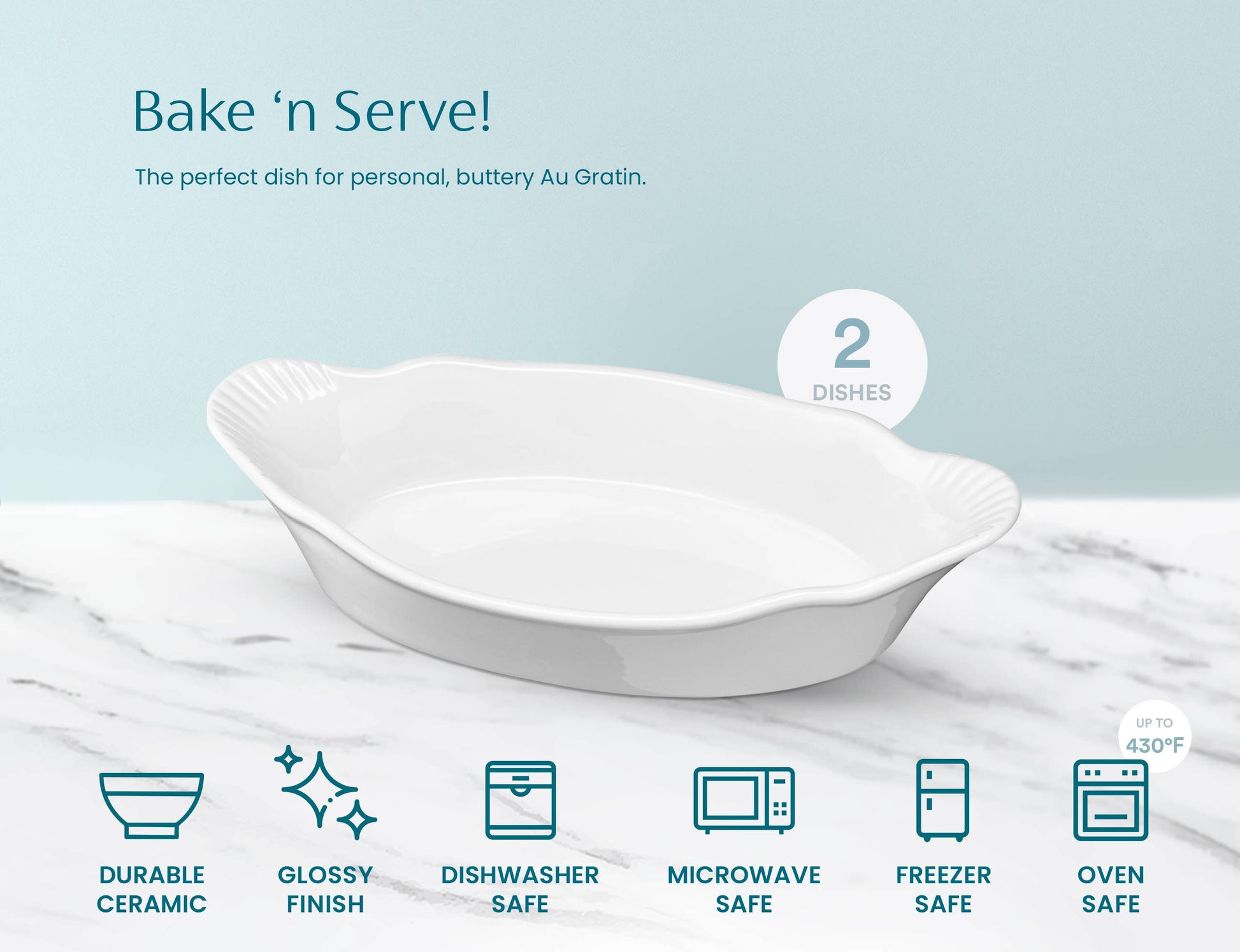 White ceramic baking dish with features listed on a light blue background