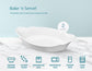 White ceramic baking dish with features listed on a light blue background