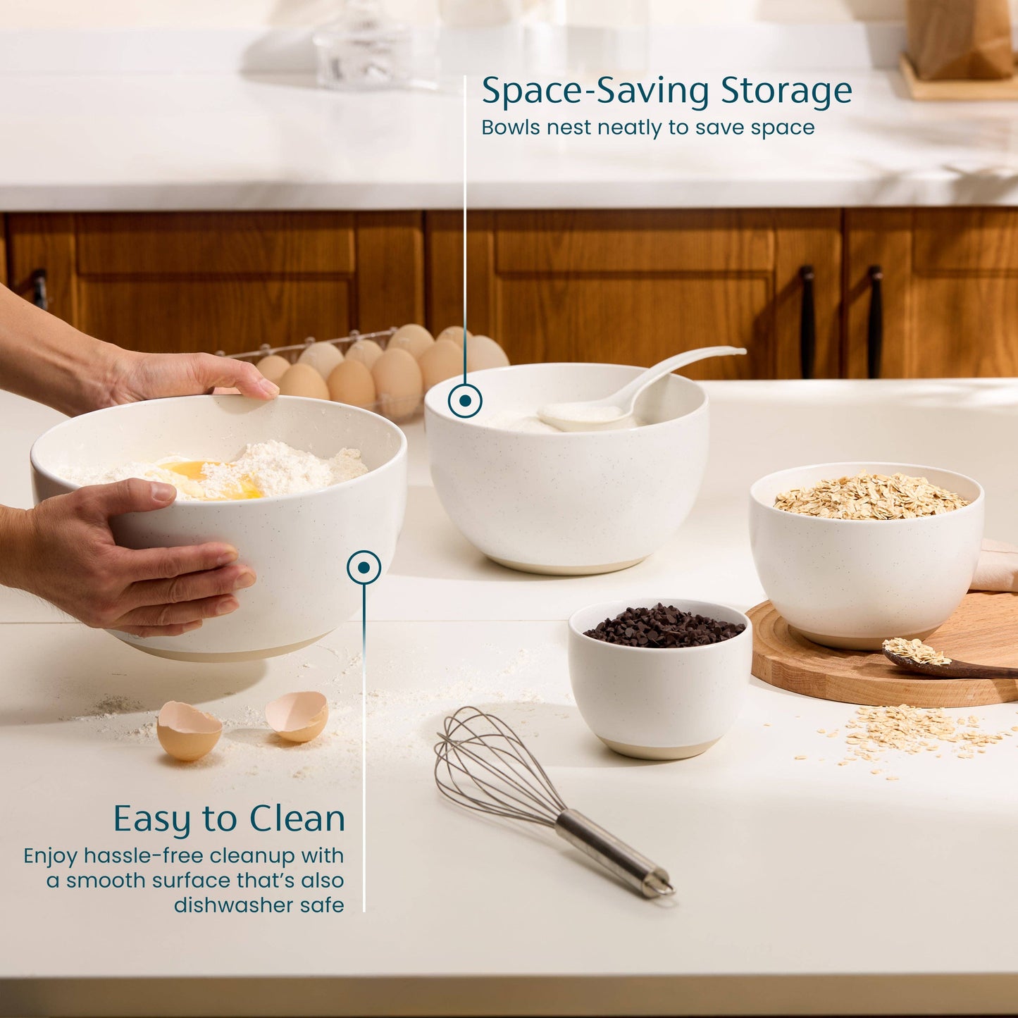 White ceramic bowls on a kitchen counter with text highlighting space-saving storage and ease of cleaning.