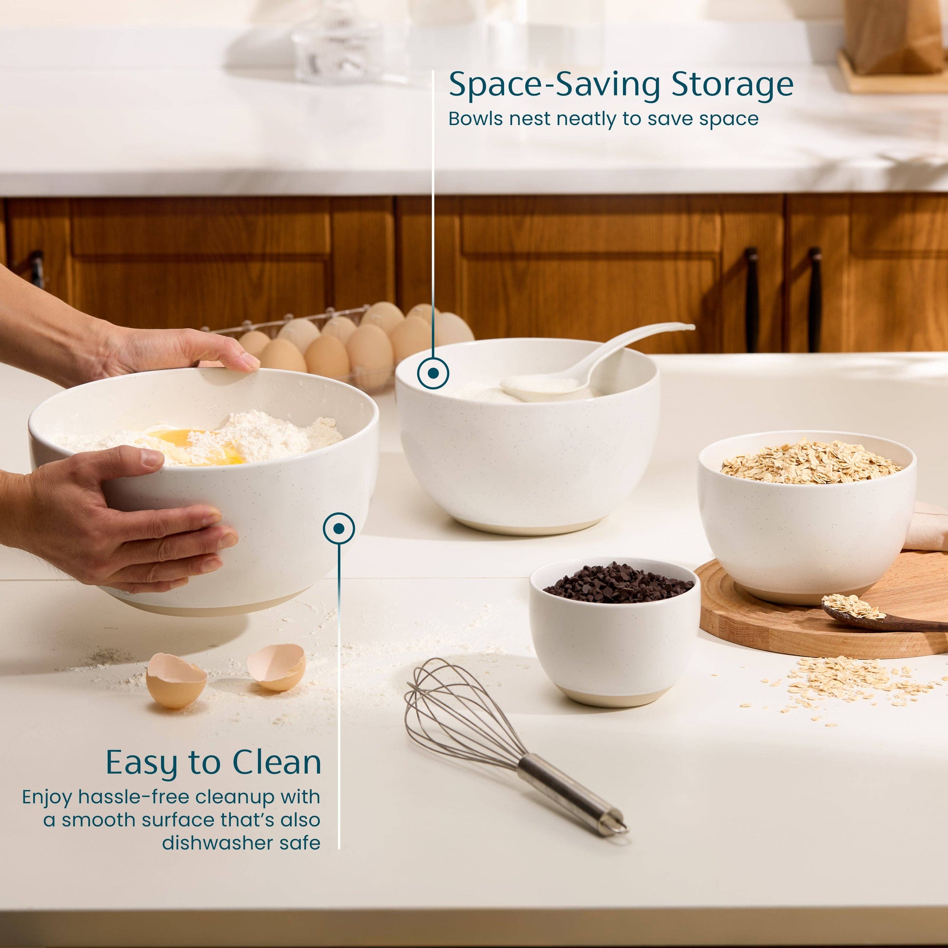 White ceramic bowls on a kitchen counter with text highlighting space-saving storage and ease of cleaning.