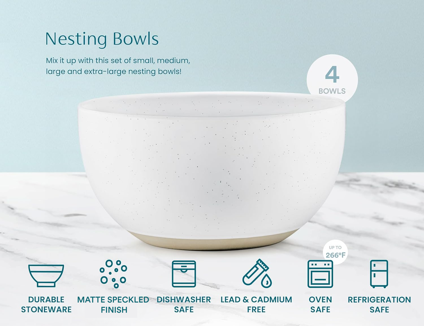 White nesting bowl with product features listed on a light blue background