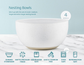 White nesting bowl with product features listed on a light blue background