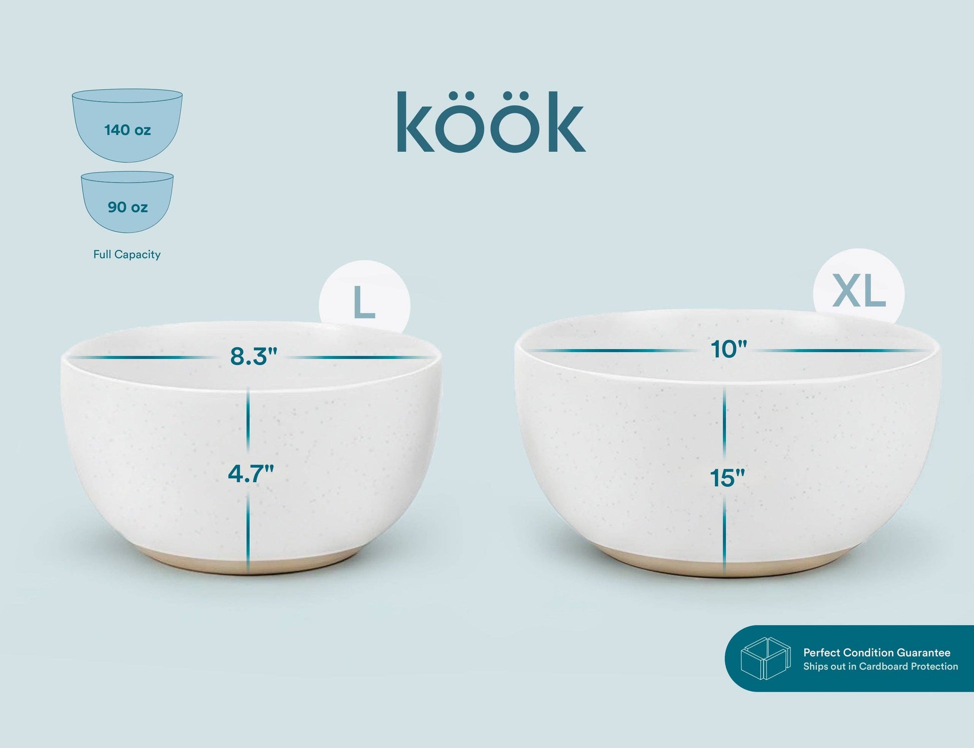 Two white bowls with measurements and 'kook' branding on a light blue background