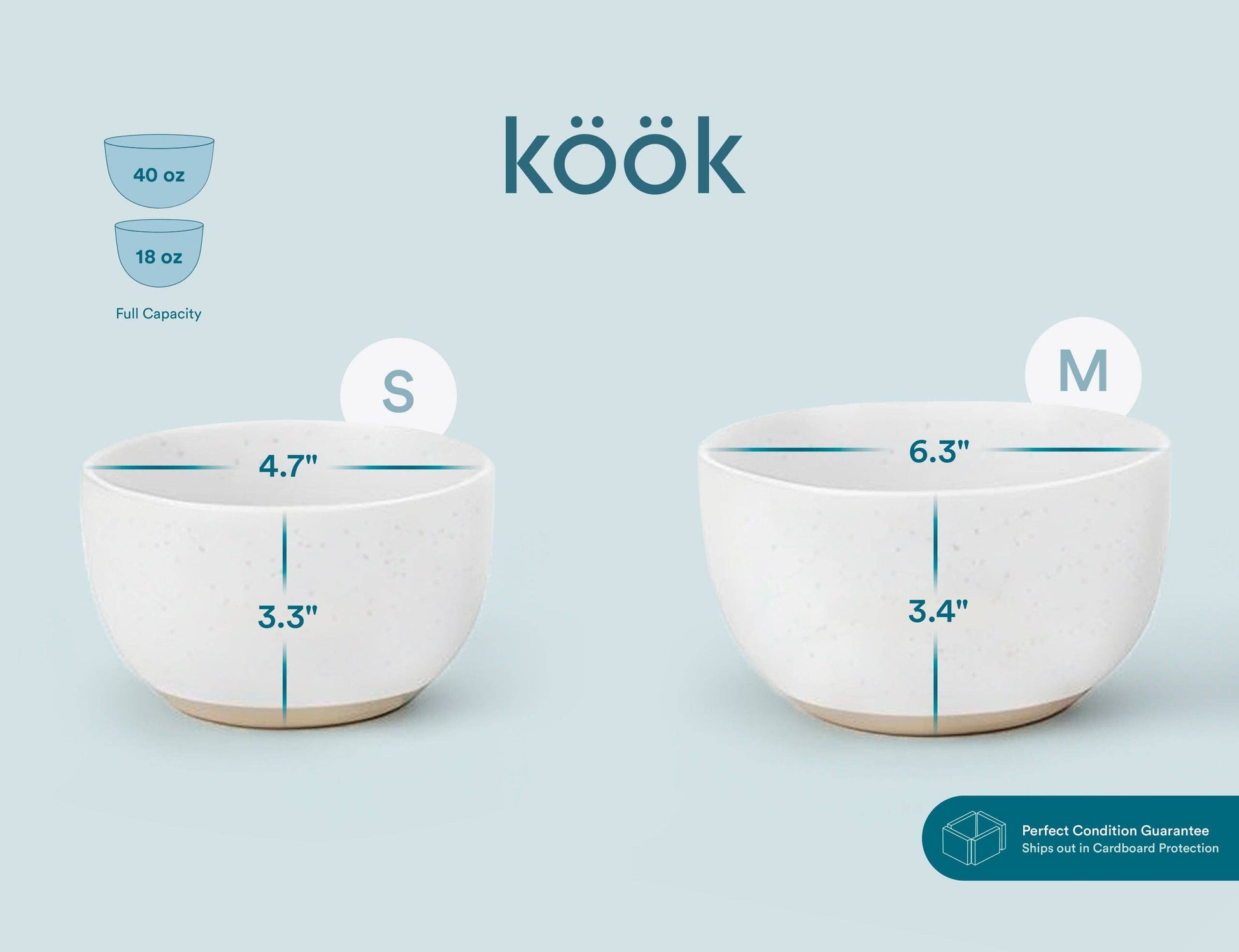 Two white measuring bowls with dimensions and 'kook' branding on a light blue background