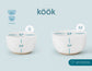 Two white measuring bowls with dimensions and 'kook' branding on a light blue background