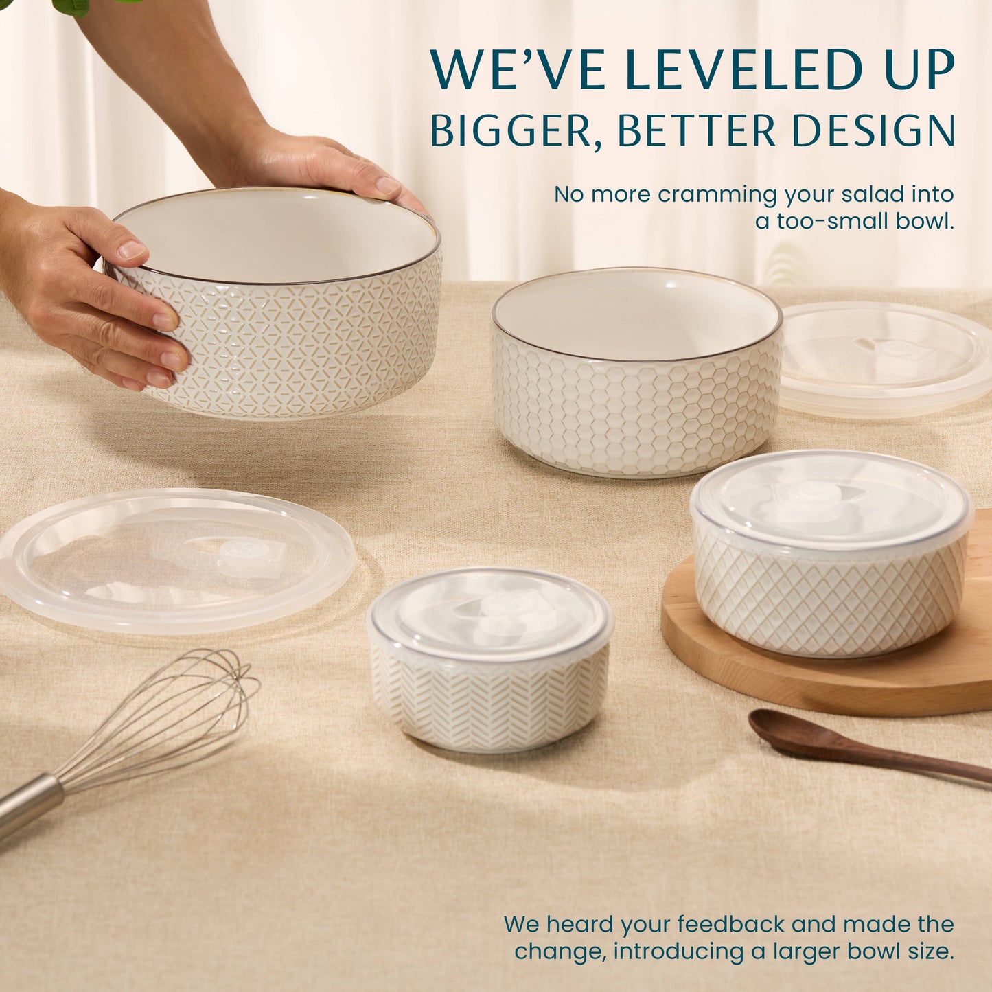 Set of ceramic bowls with geometric patterns on a beige surface, with text about improved design.