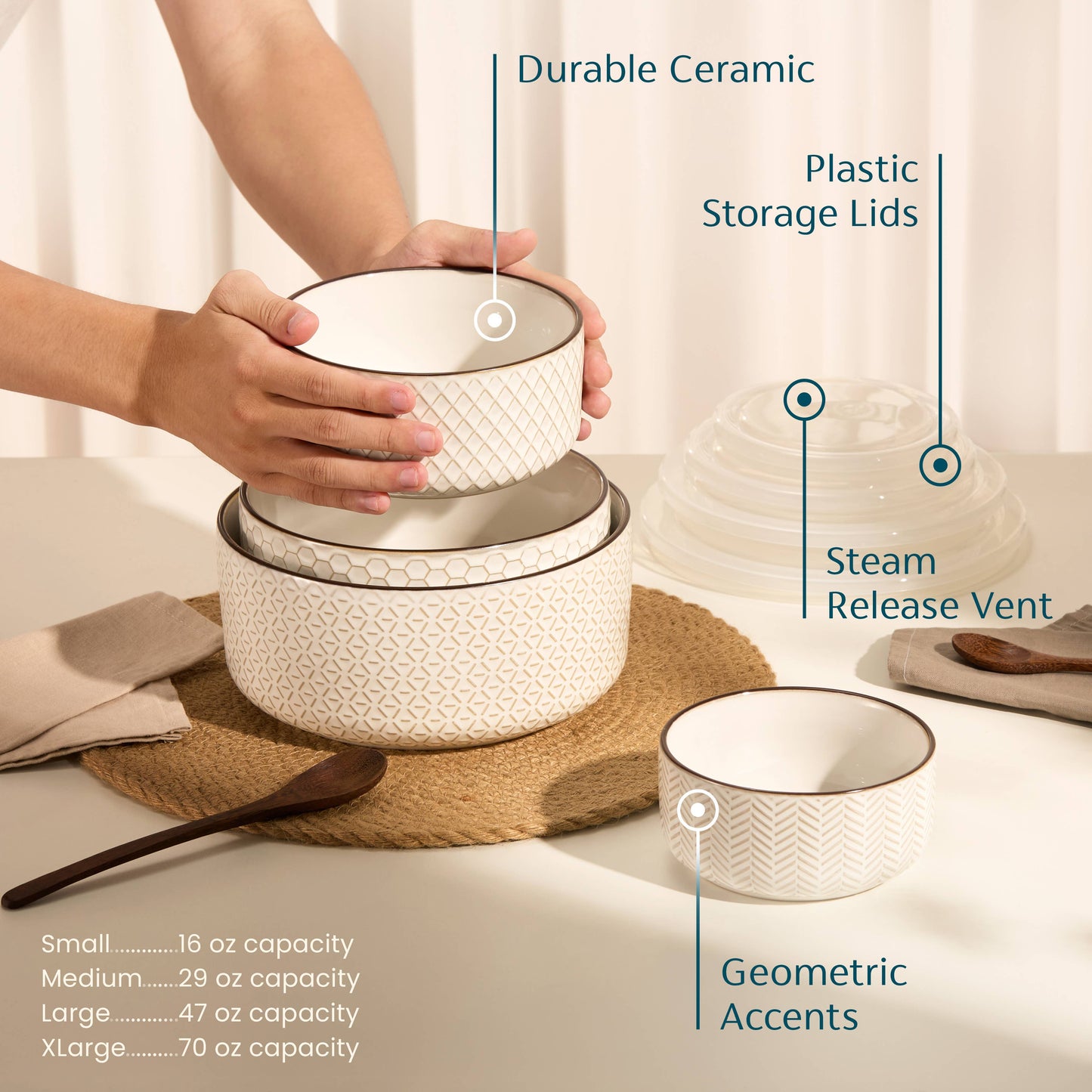 Ceramic pots with labeled features on a neutral background