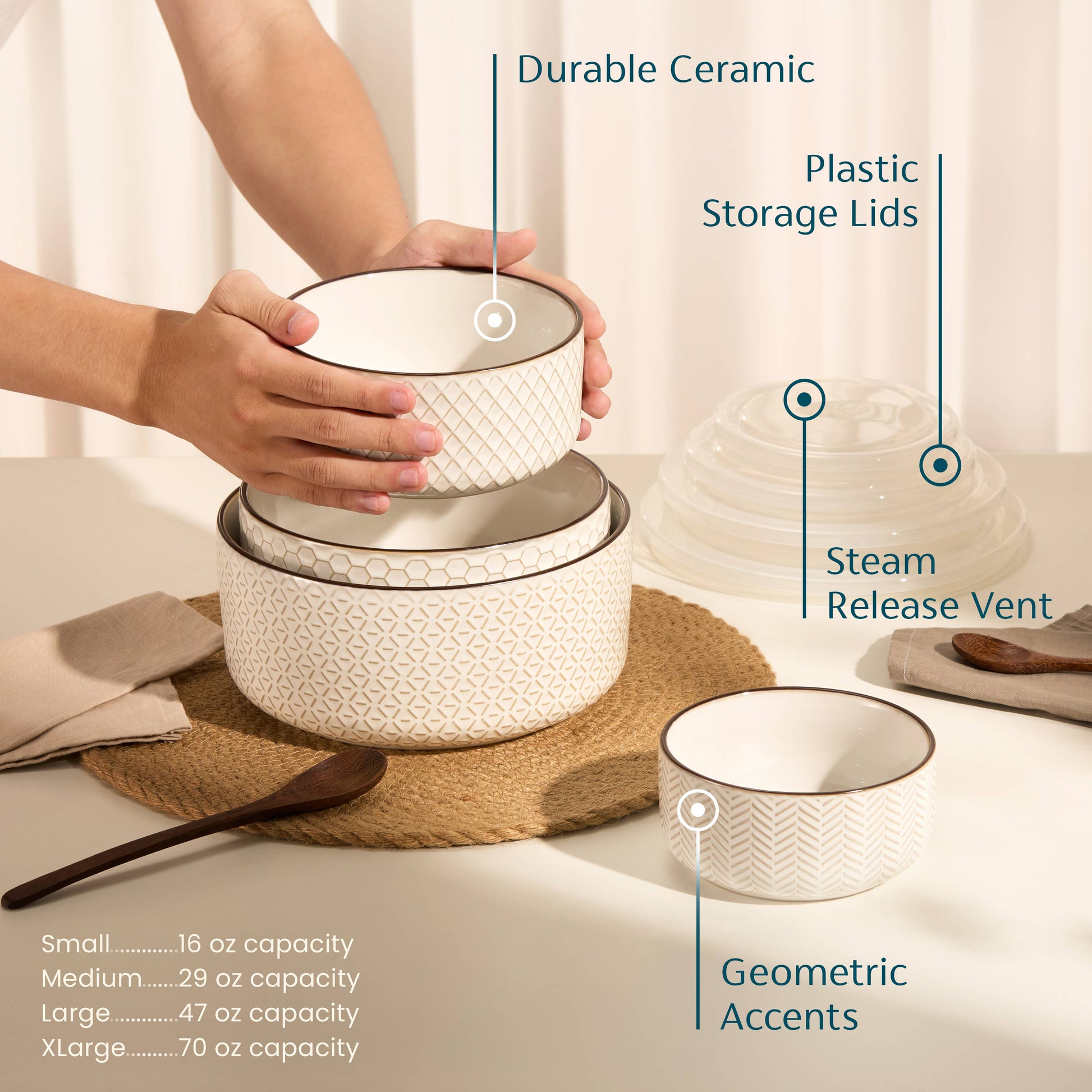 Ceramic pots with labeled features on a neutral background