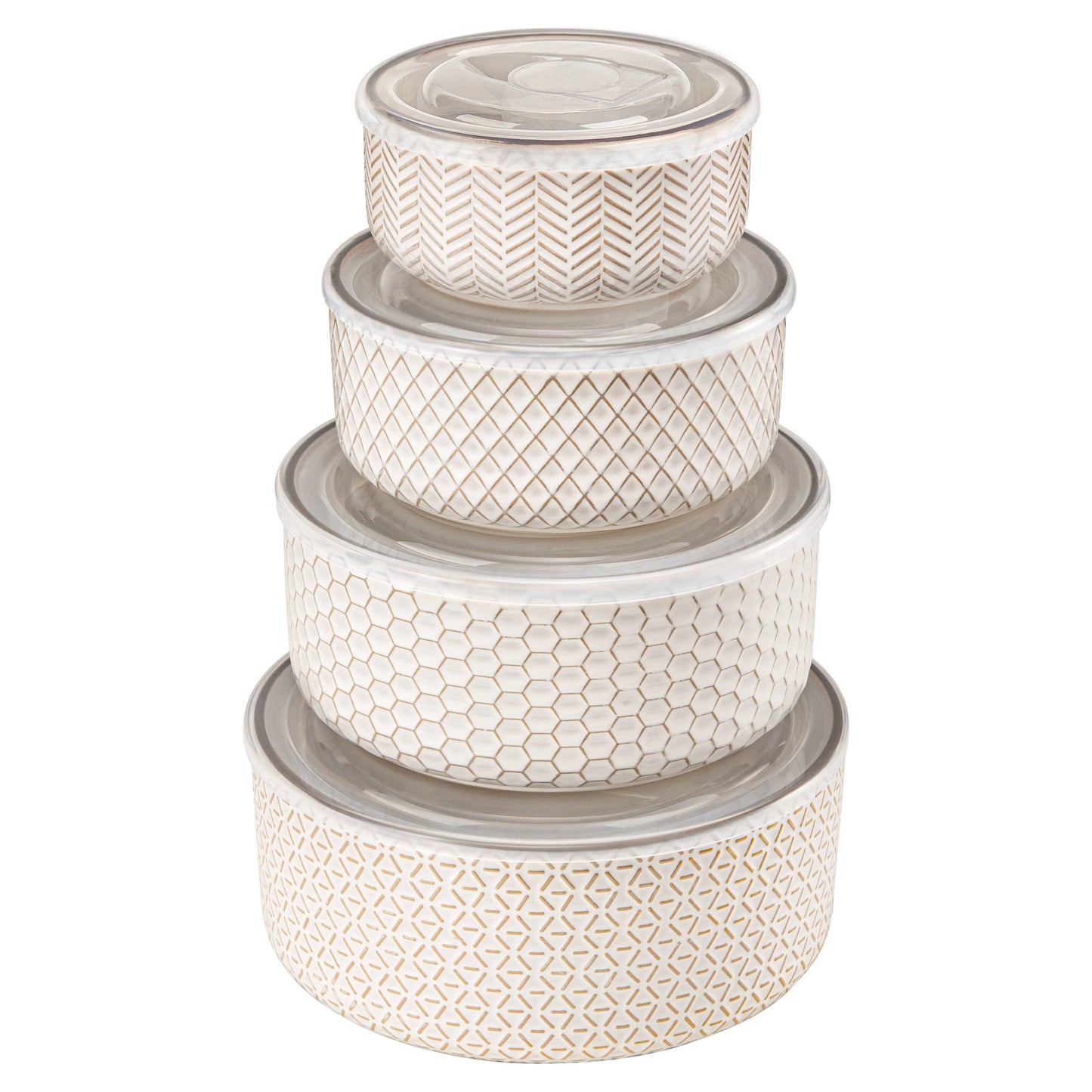 Set of four decorative storage containers with geometric patterns on a white background