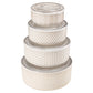 Set of four decorative storage containers with geometric patterns on a white background