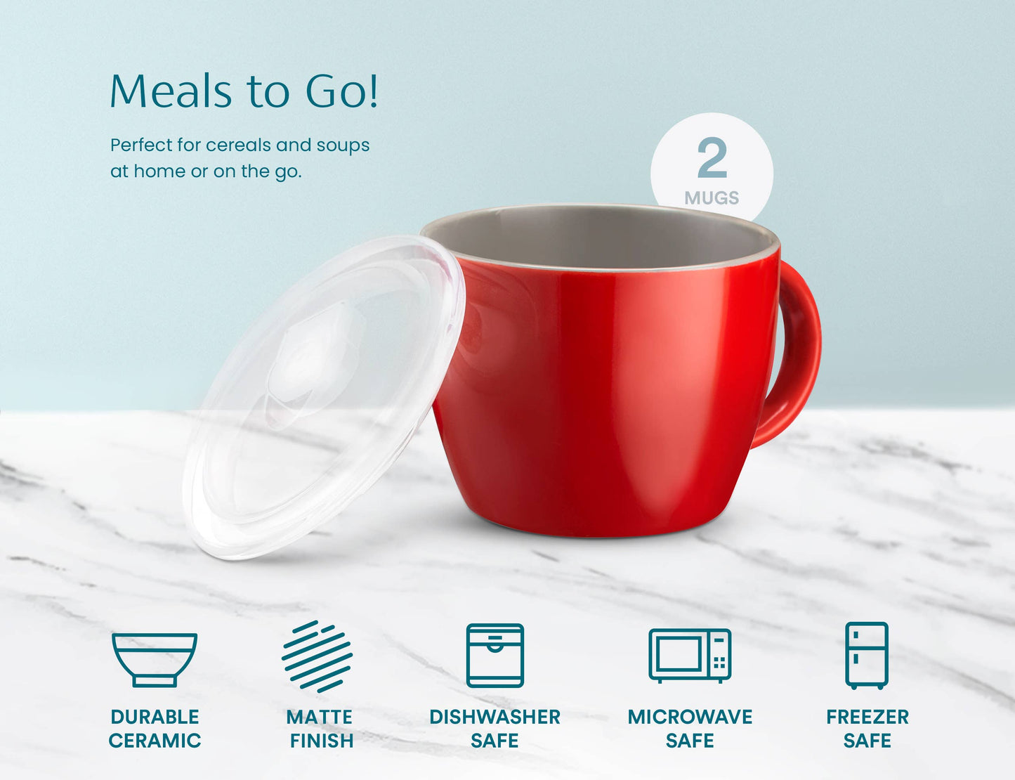 A red ceramic mug with a clear lid, shown on a white marble surface against a light blue background. Text reads 'Meals to Go!' and '2 MUGS,' with feature icons below for durable ceramic, matte finish, dishwasher safe, microwave safe, and freezer safe.