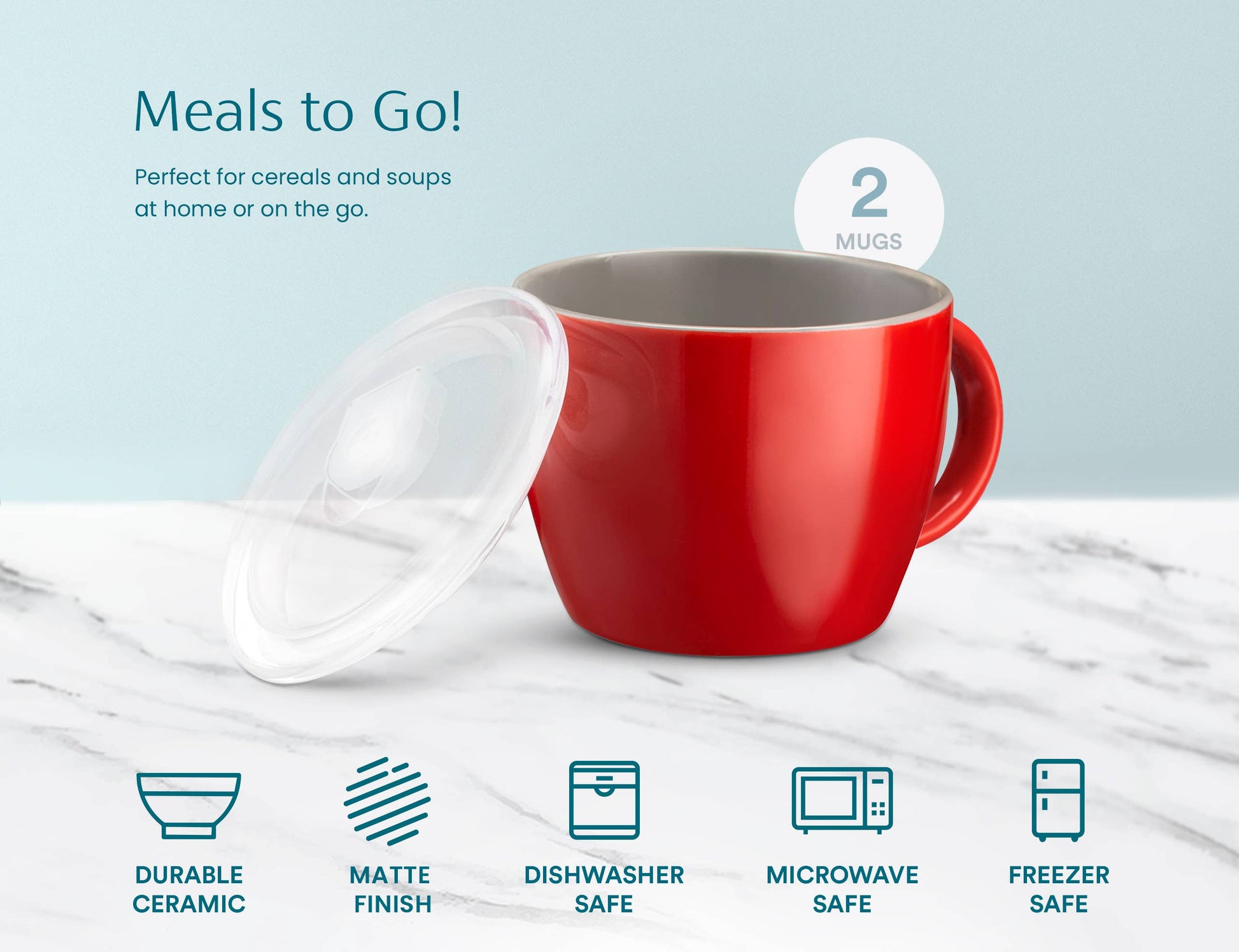 A red ceramic mug with a clear lid, shown on a white marble surface against a light blue background. Text reads 'Meals to Go!' and '2 MUGS,' with feature icons below for durable ceramic, matte finish, dishwasher safe, microwave safe, and freezer safe.