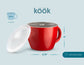 Red ceramic mug with a clear lid on a light blue background, featuring dimension labels (5.25" diameter, 6.