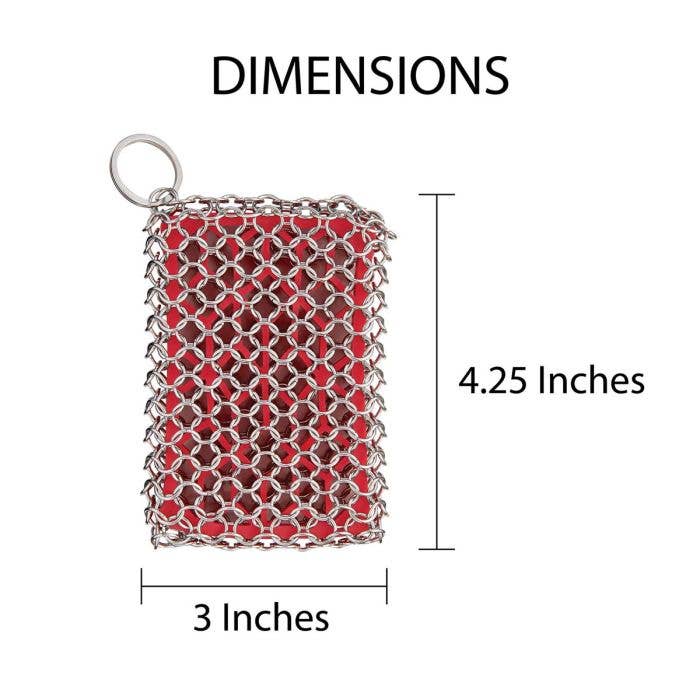 Red chainmail scrubber with dimensions labeled on a white background