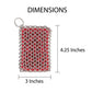 Red chainmail scrubber with dimensions labeled on a white background