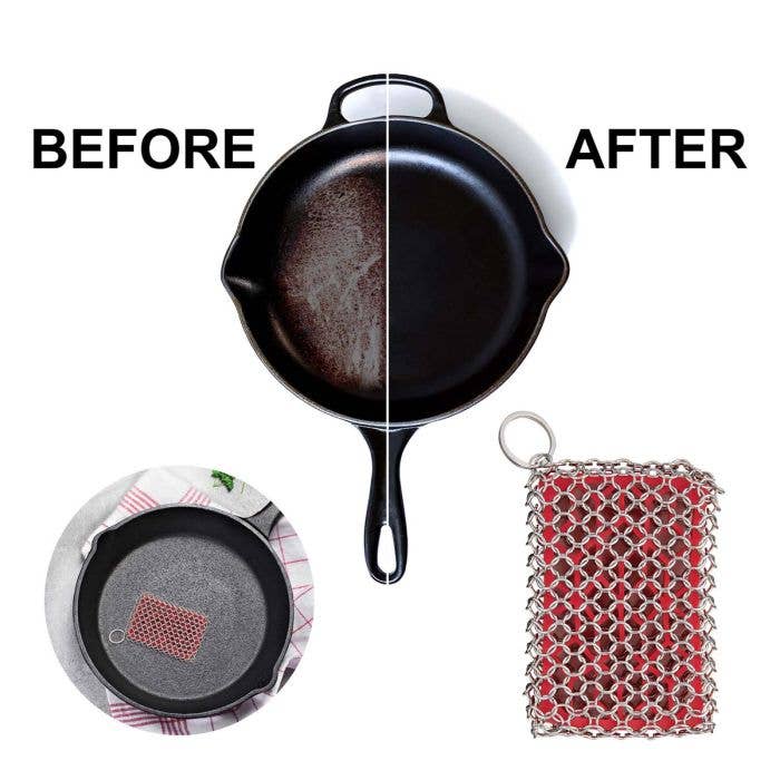 Before and after comparison of a cast iron skillet with a cleaning pad and scrubber.