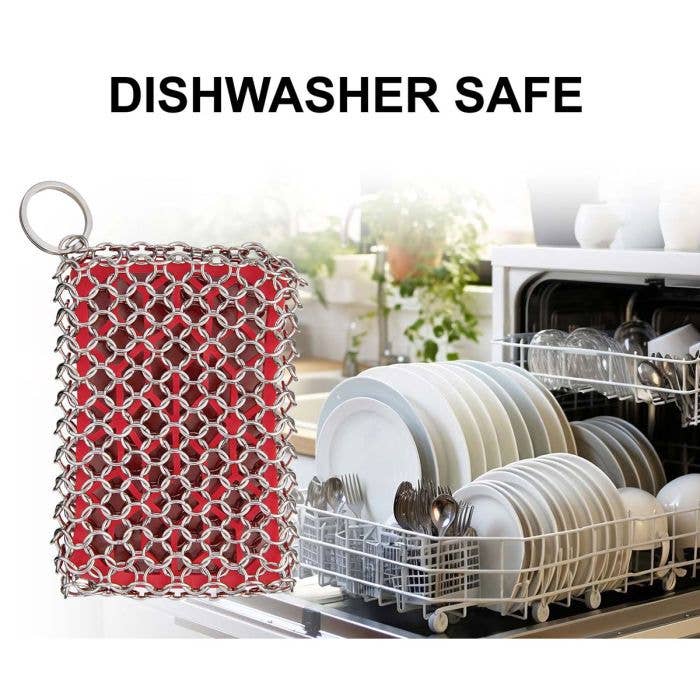 Red dish scrubber with a dishwasher in the background labeled 'Dishwasher Safe'.