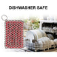 Red dish scrubber with a dishwasher in the background labeled 'Dishwasher Safe'.