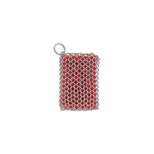 Red mesh scrubber with silver hook on a white background