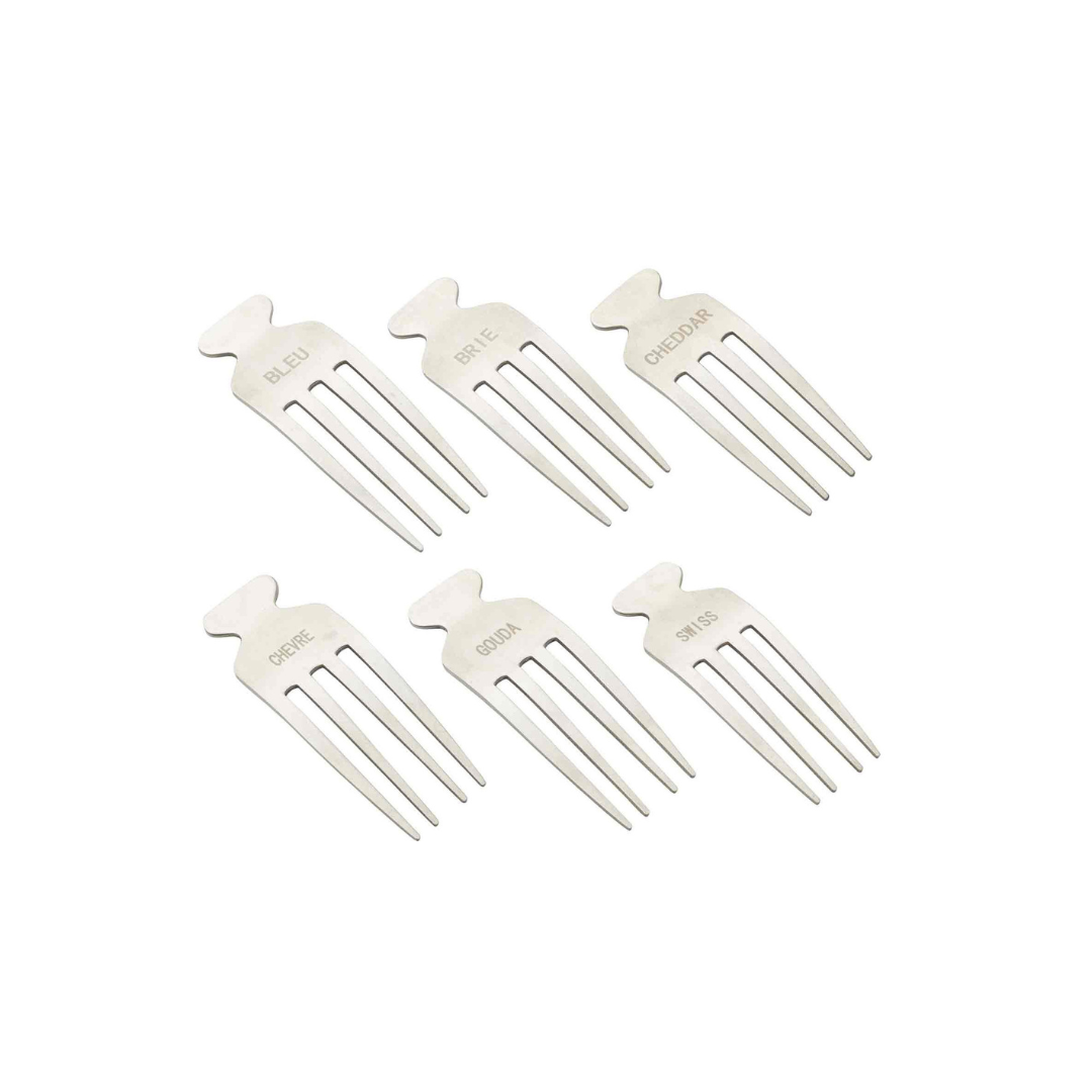  6 quirky fork-shaped picks includes "Bleu," "Brie," "Cheddar," "Chevre," "Gouda," and "Swiss" labels