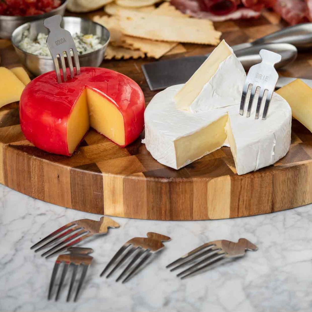  6 quirky fork-shaped picks includes "Bleu," "Brie," "Cheddar," "Chevre," "Gouda," and "Swiss" labels