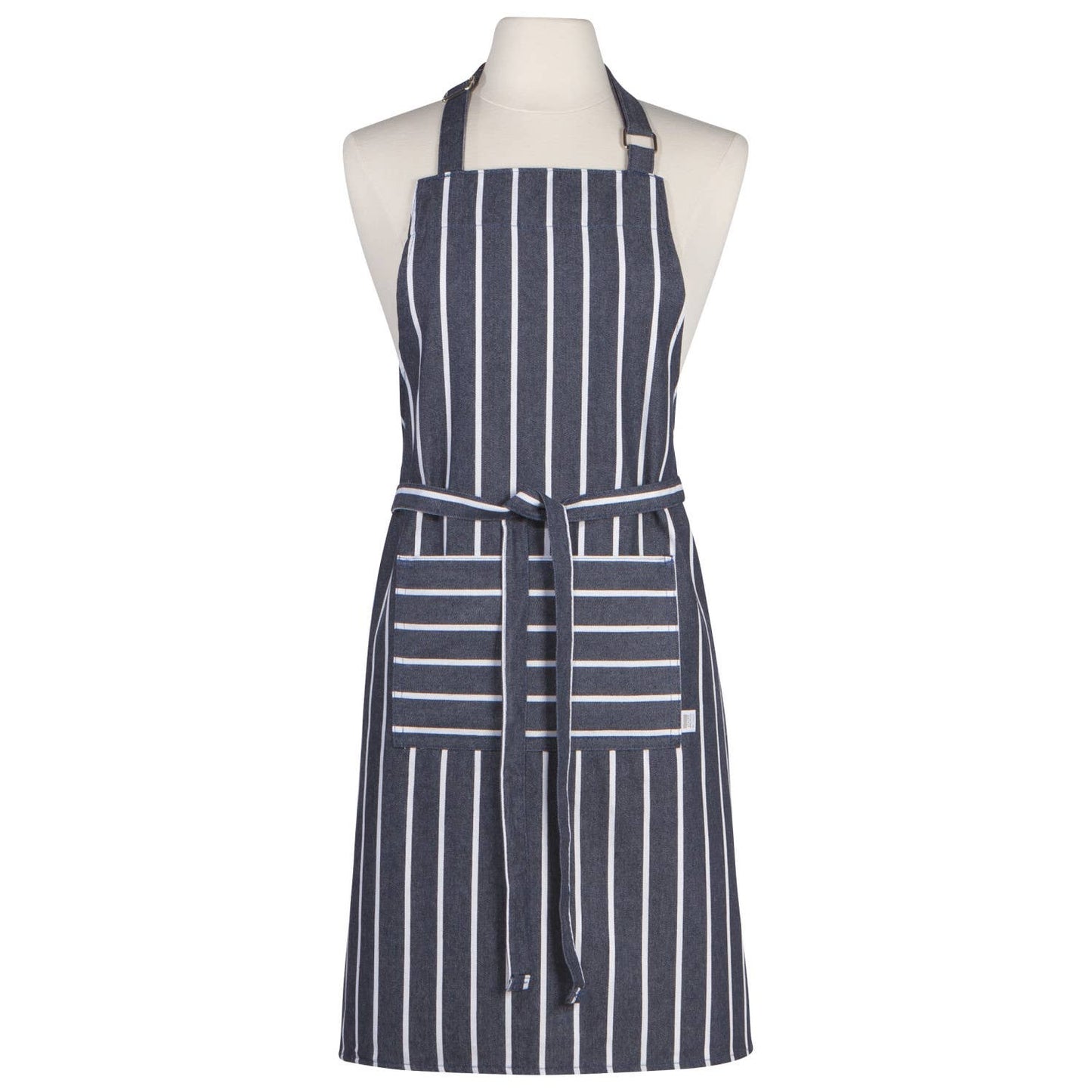 Navy and white striped apron on a mannequin against a white background