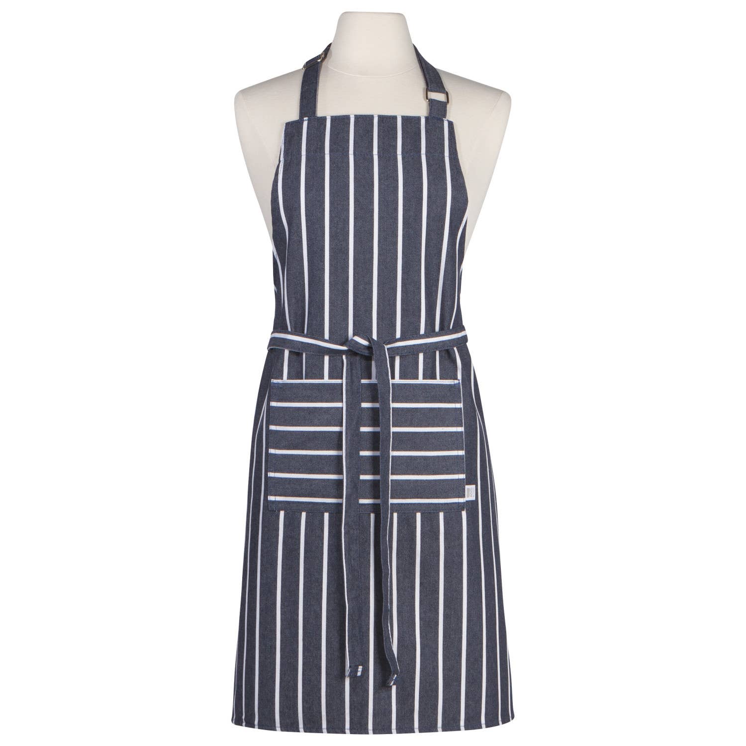 Navy and white striped apron on a mannequin against a white background