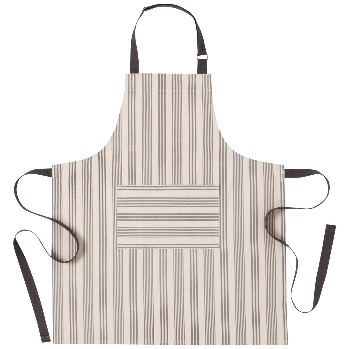 Striped apron with black straps on a white background