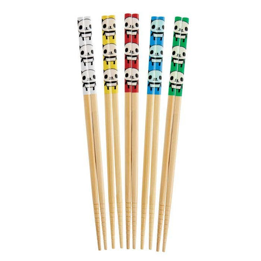 Set of five pairs of chopsticks with colorful panda-themed handles on a white background