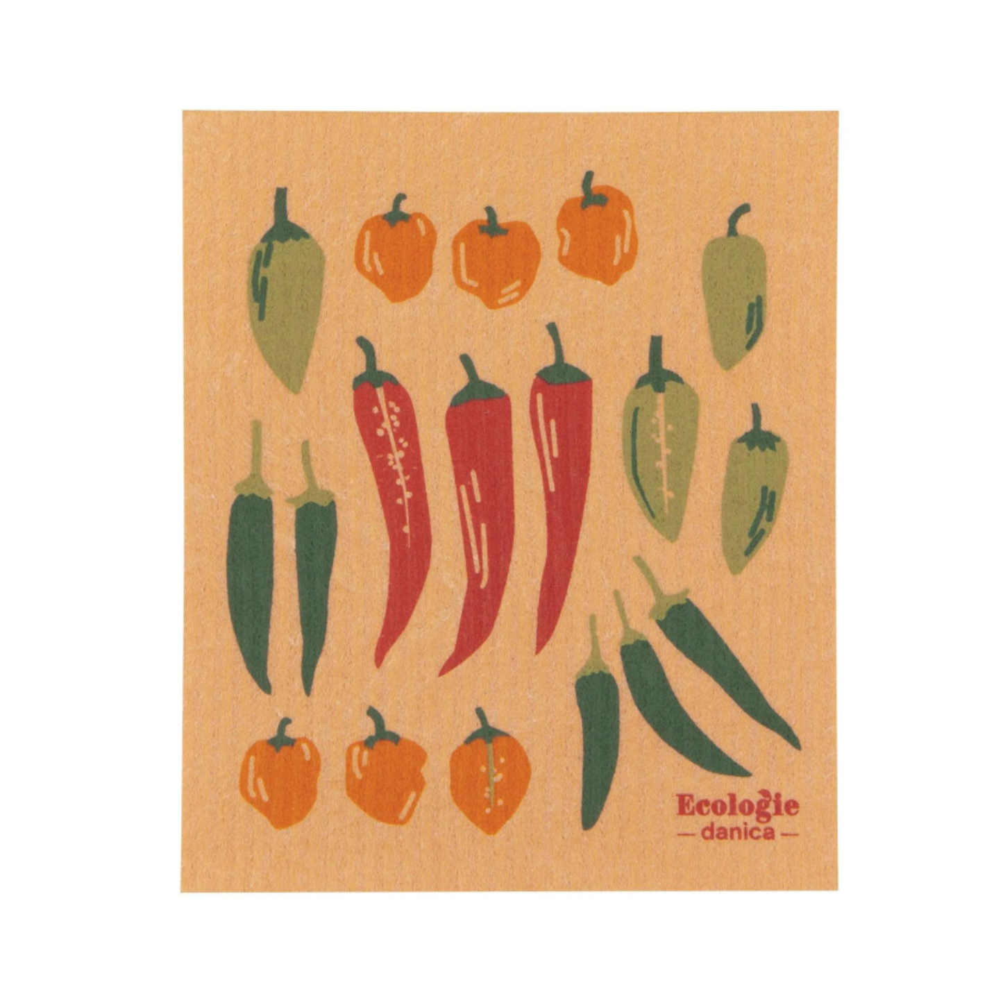 Woven dishcloth with chili pepper pattern on a beige background, featuring the brand 'Ecologie danica'.