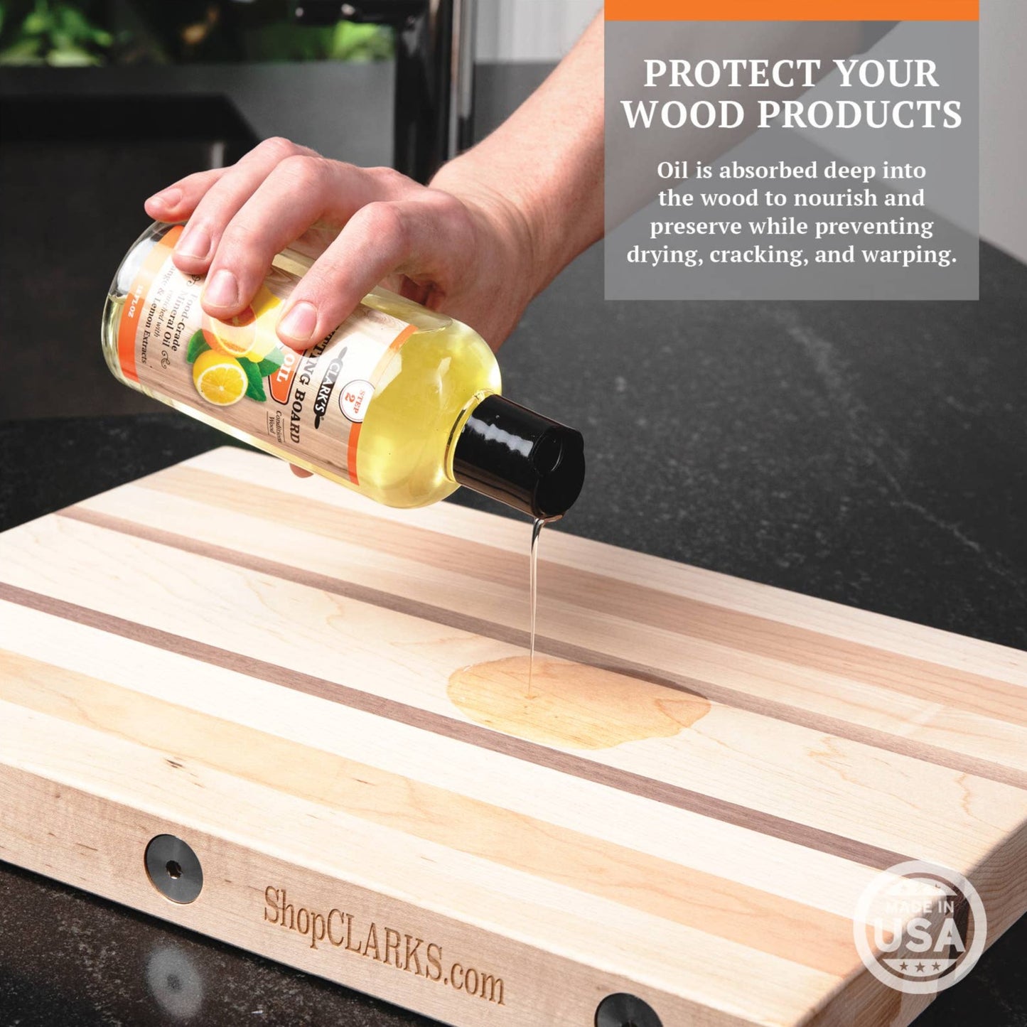 clark's cutting board oil being used on a cutting board on a counter Protect your wood products oil is absorbed deep into the wood to nourish and preserve while preventing drying, cracking, and warping.