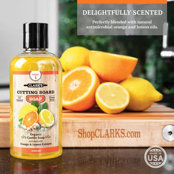 clark's cutting board soap on a counter. Delightfully scented perfectly blended with natural antimicrobial orange and lemon oils.