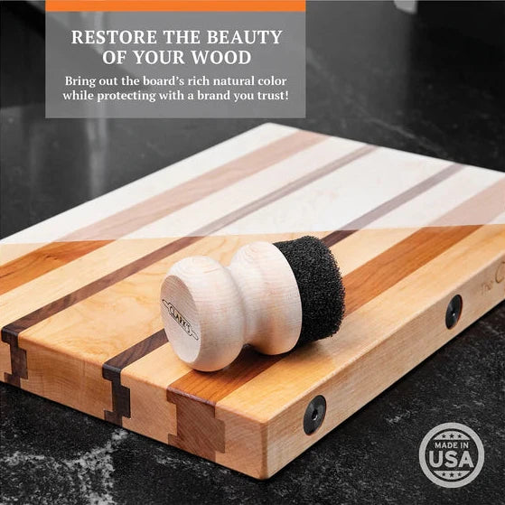 Clark's round wax and oil applicator on wood board restore the beauty of your wood bring out the board's rich natural color while protecting with a brand you trust