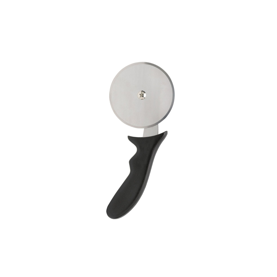 A pizza cutter with a black handle and a 3.75-inch stainless steel blade.