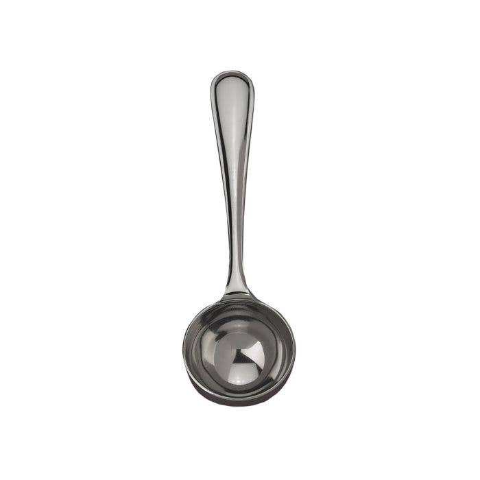 A single stainless steel measuring spoon with a long handle and rounded bowl, shown vertically against a plain white background.