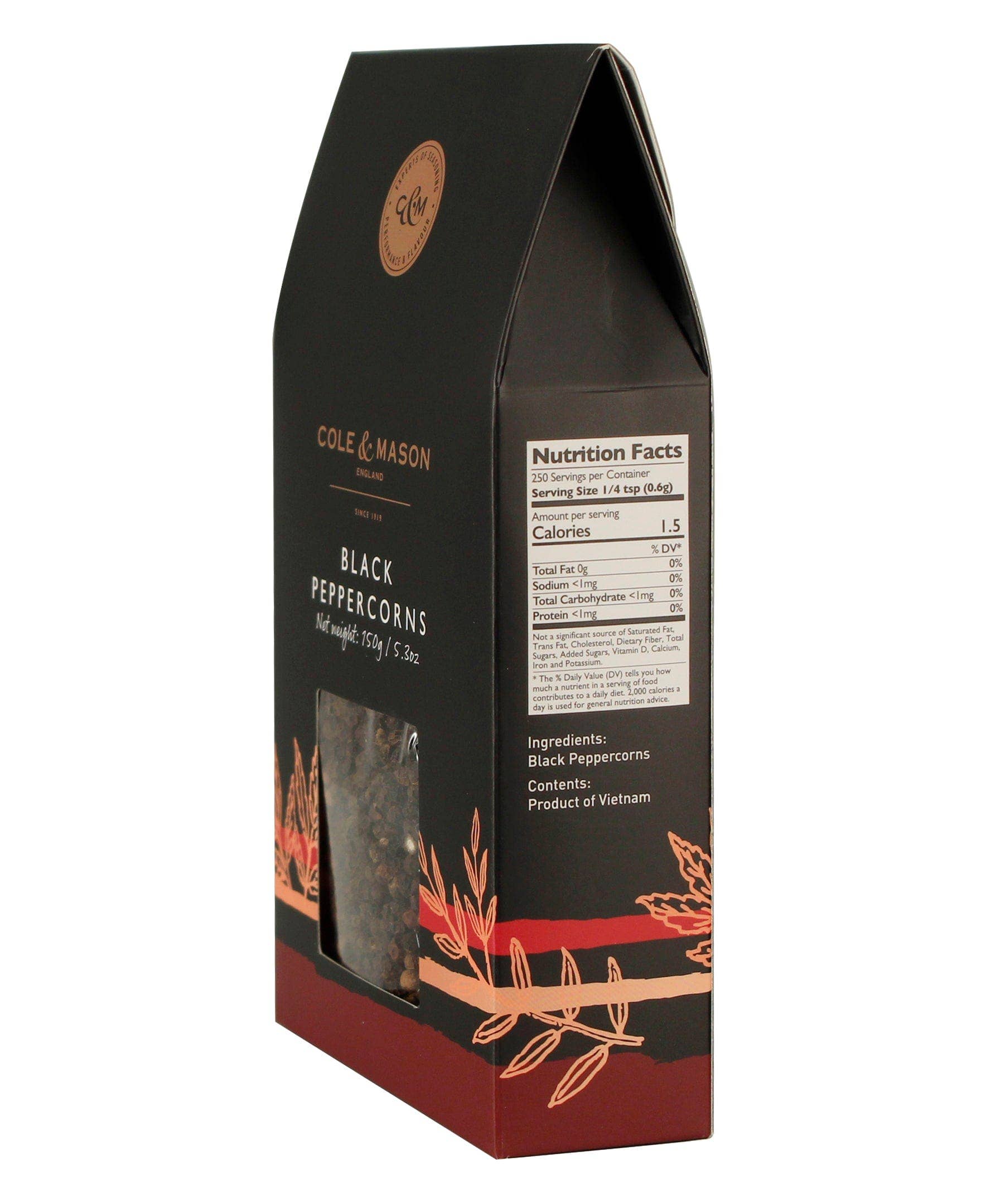Box of Cole & Mason black peppercorns on a white background