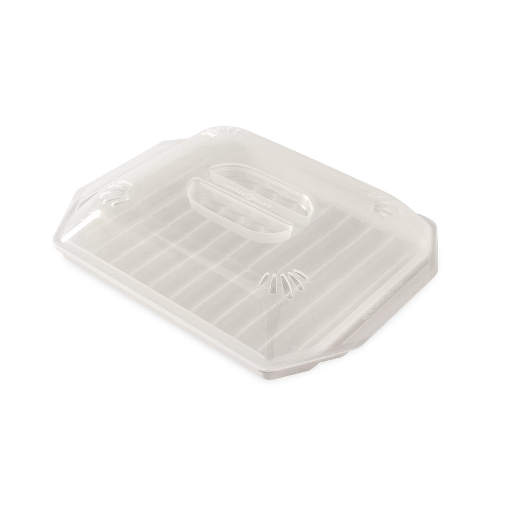 White plastic bacon tray with lid container with a clear lid on a white background