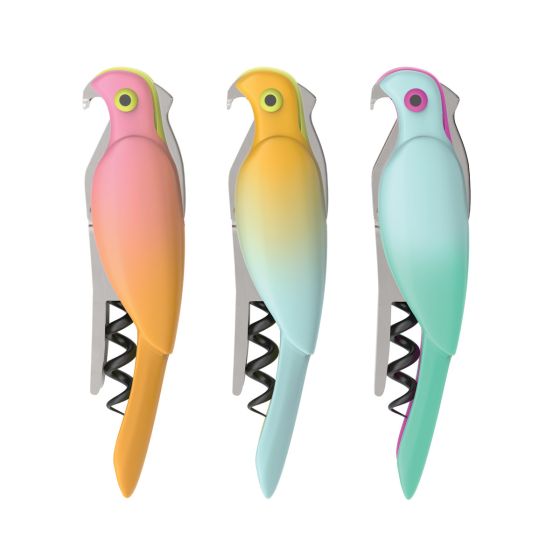 With a curved bill and soft plumage, this drinking sidekick is ready to open wine bottles. He's a multi-functional bird who a-parrot-ly likes to have fun!  This colorful parrot shaped corkscrew comes with a bottle opener, serrated foil cutter, non stick worm, and a double hinged arm; Make bottle opening efficient, reliable, and effortless