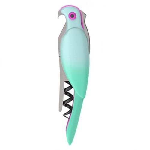 With a curved bill and soft plumage, this drinking sidekick is ready to open wine bottles. He's a multi-functional bird who a-parrot-ly likes to have fun!  This colorful parrot shaped corkscrew comes with a bottle opener, serrated foil cutter, non stick worm, and a double hinged arm; Make bottle opening efficient, reliable, and effortless