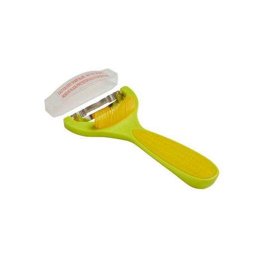 One perfect corn tool lifts the silk and cuts the kernels effortlessly off the cob. The curved blade is more efficient than using a knife. Easily peel off multiple rows of corn in one motion. Comes with a safety sheath for storage.