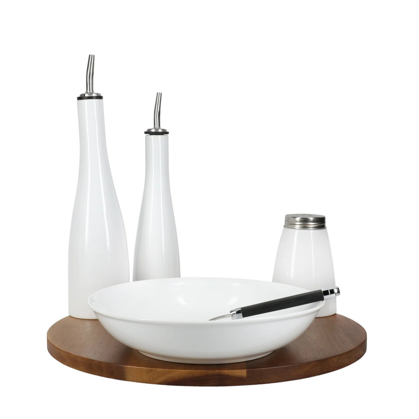 Set of white ceramic bowls with wooden base on a white background