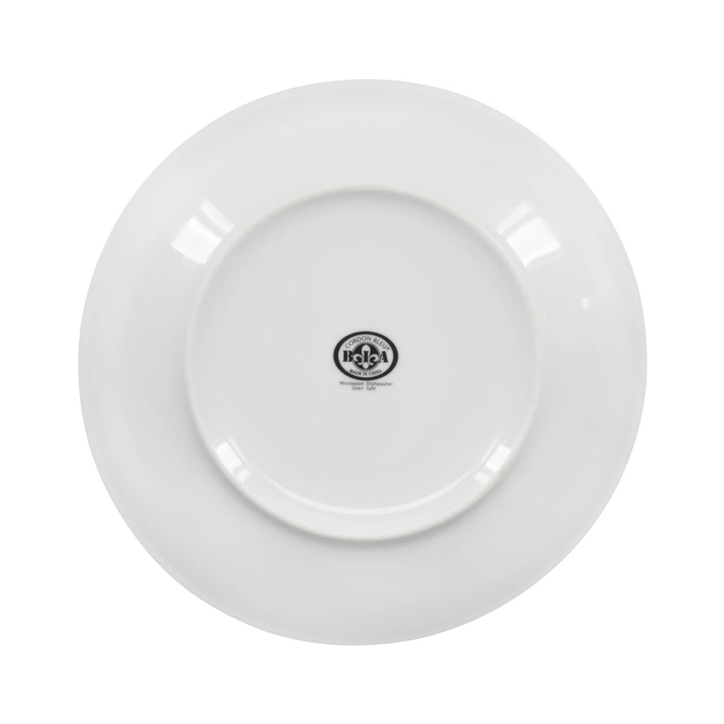 White ceramic plate with a visible brand logo on a white background